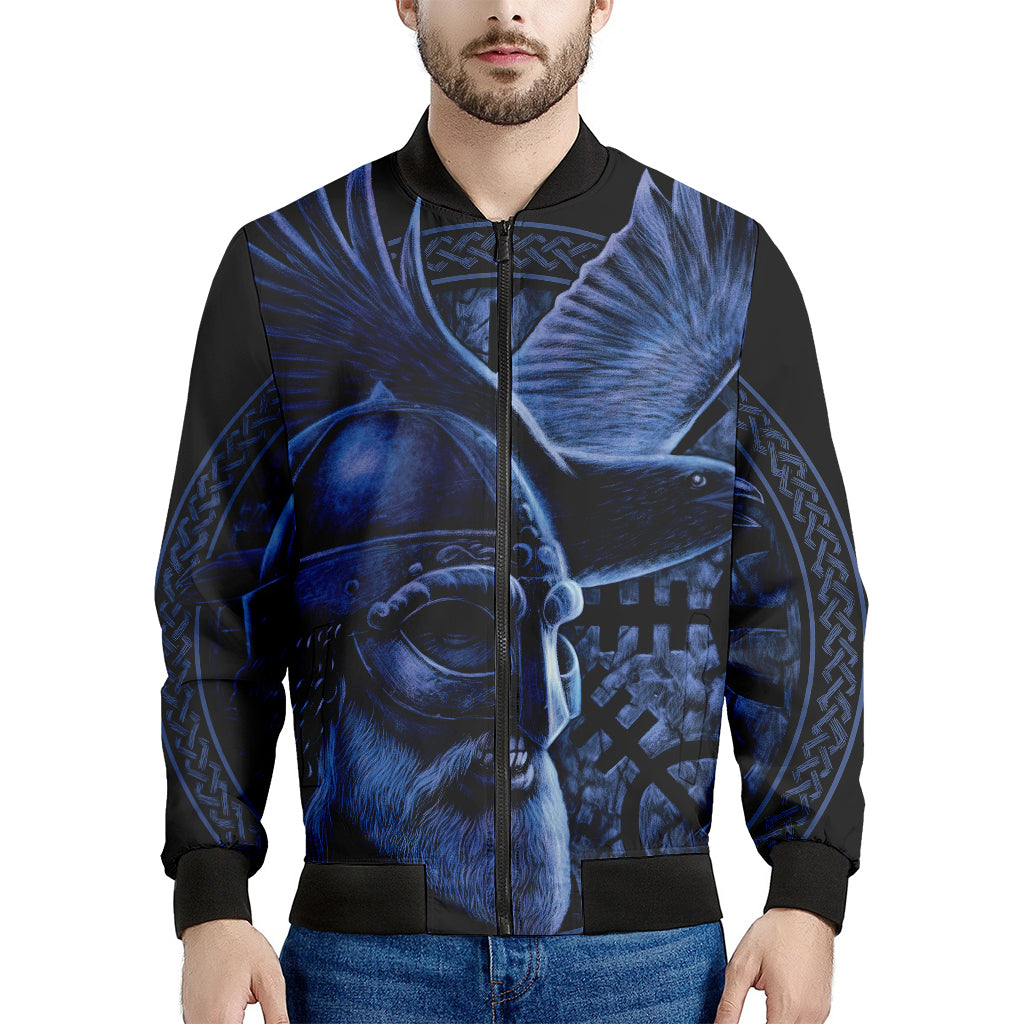 Blue Viking God Odin And Crow Print Men's Bomber Jacket