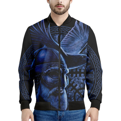 Blue Viking God Odin And Crow Print Men's Bomber Jacket