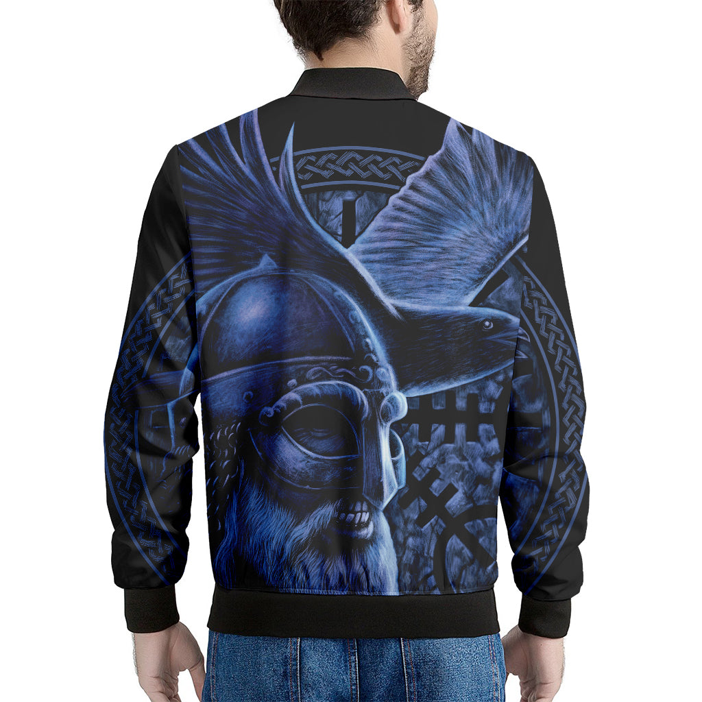 Blue Viking God Odin And Crow Print Men's Bomber Jacket