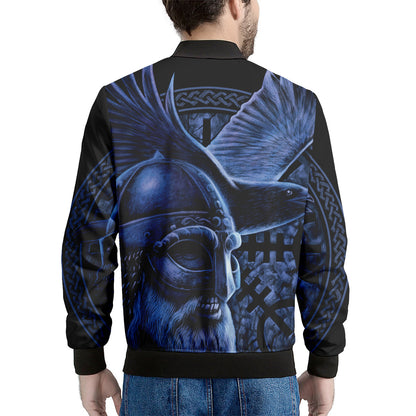 Blue Viking God Odin And Crow Print Men's Bomber Jacket