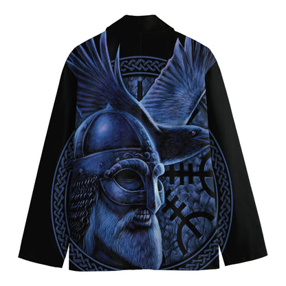 Blue Viking God Odin And Crow Print Men's Cotton Blazer