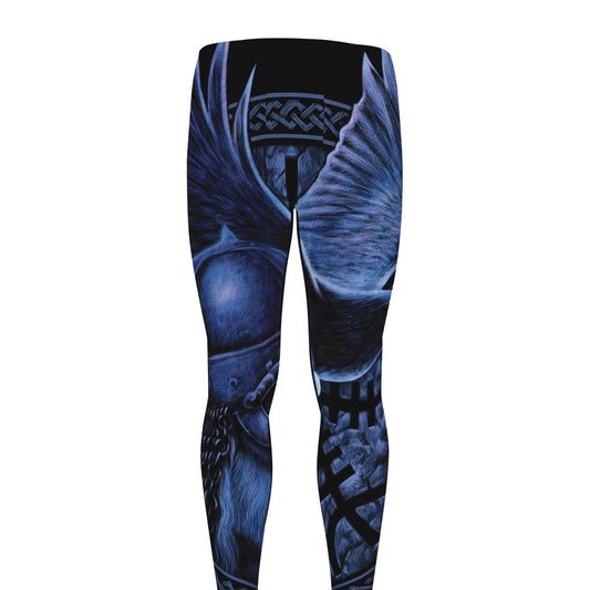 Blue Viking God Odin And Crow Print Men's leggings