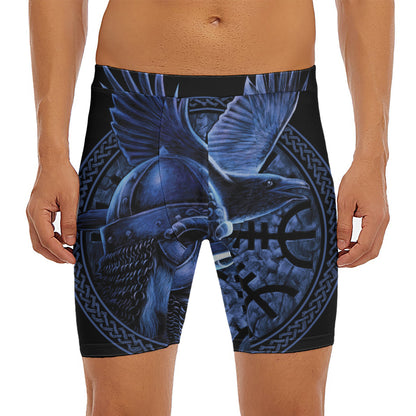 Blue Viking God Odin And Crow Print Men's Long Boxer Briefs
