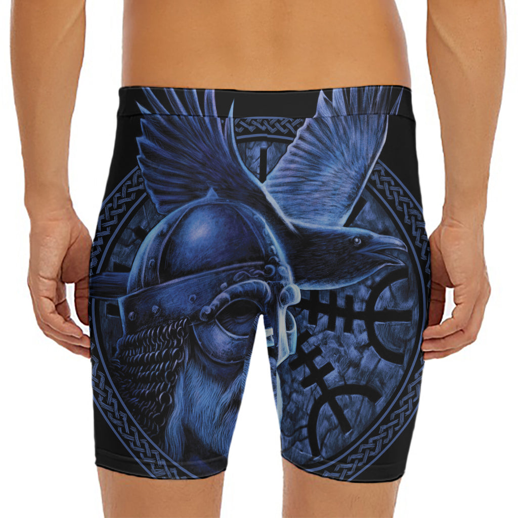 Blue Viking God Odin And Crow Print Men's Long Boxer Briefs