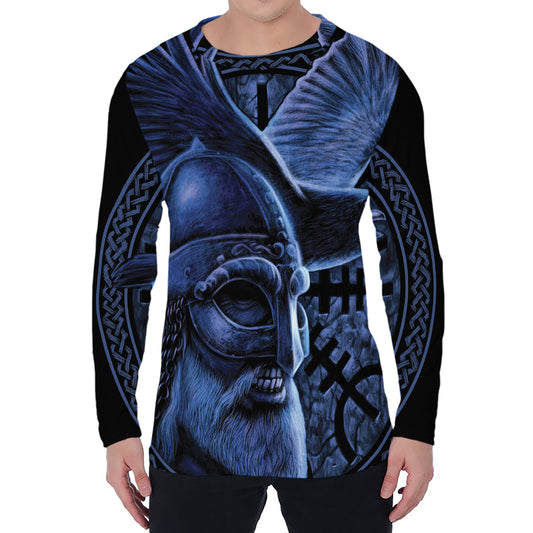 Blue Viking God Odin And Crow Print Men's Long Sleeve T-Shirt