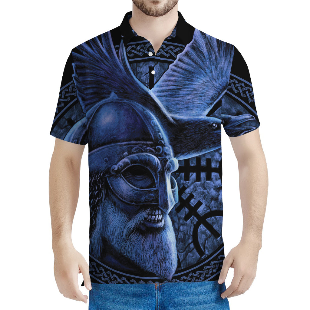 Blue Viking God Odin And Crow Print Men's Polo Shirt