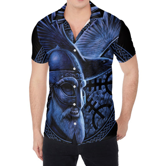 Blue Viking God Odin And Crow Print Men's Shirt