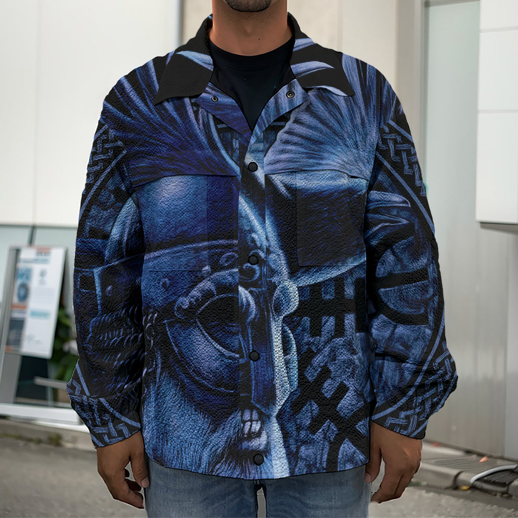 Blue Viking God Odin And Crow Print Men's Shirt Jacket