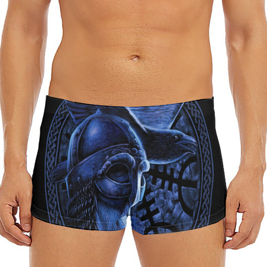 Blue Viking God Odin And Crow Print Men's Short Boxer Briefs