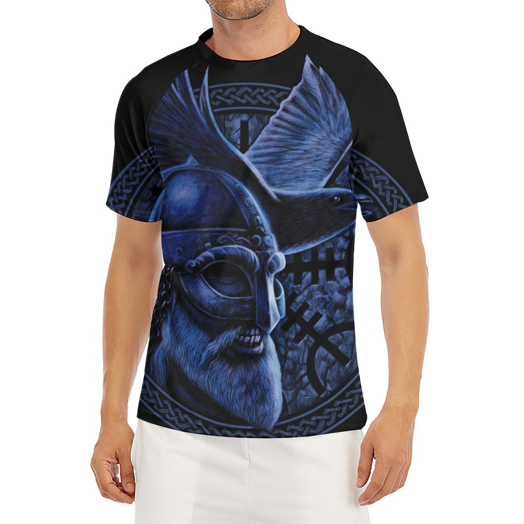 Blue Viking God Odin And Crow Print Men's Short Sleeve Rash Guard