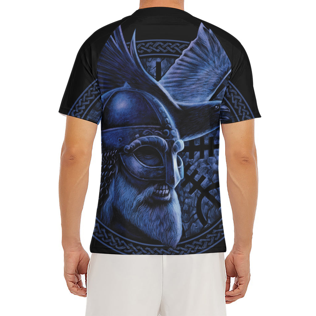 Blue Viking God Odin And Crow Print Men's Short Sleeve Rash Guard