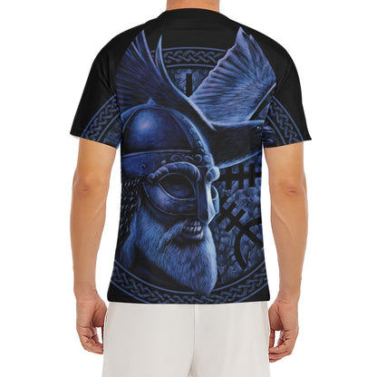 Blue Viking God Odin And Crow Print Men's Short Sleeve Rash Guard