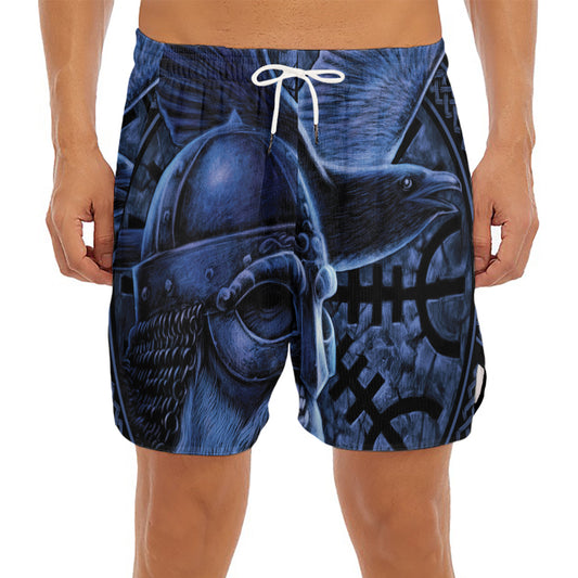 Blue Viking God Odin And Crow Print Men's Split Running Shorts