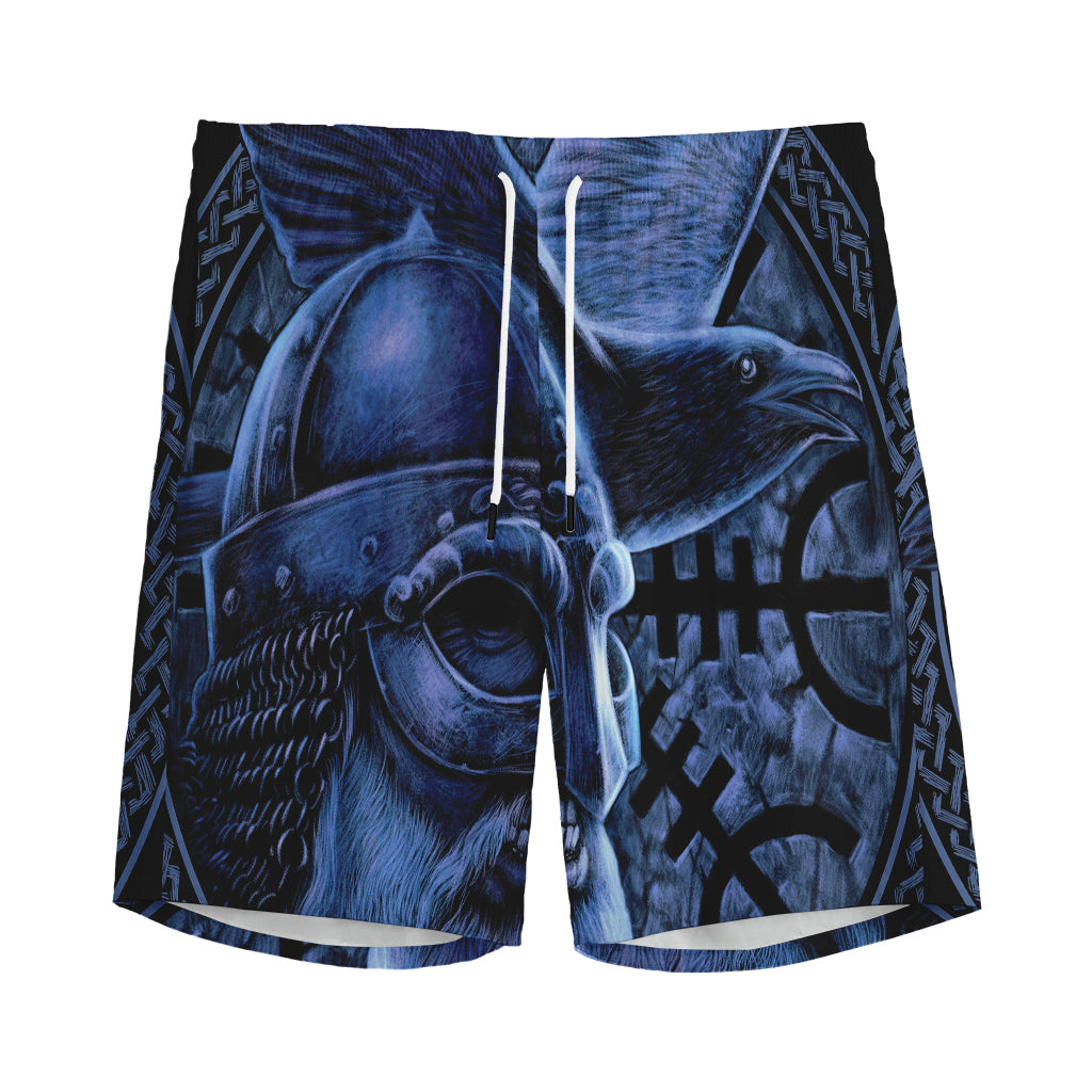 Blue Viking God Odin And Crow Print Men's Sports Shorts