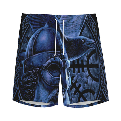 Blue Viking God Odin And Crow Print Men's Sports Shorts