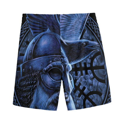 Blue Viking God Odin And Crow Print Men's Sports Shorts