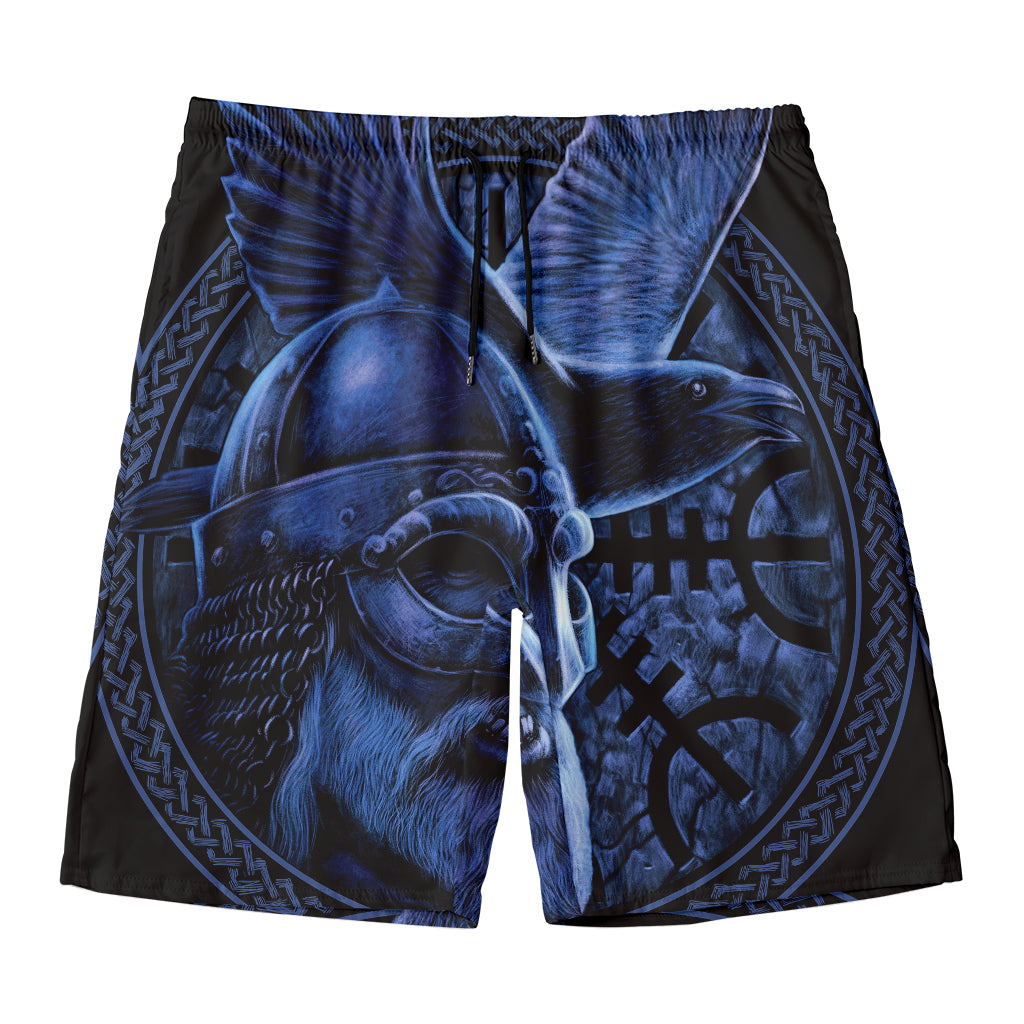 Blue Viking God Odin And Crow Print Men's Swim Trunks