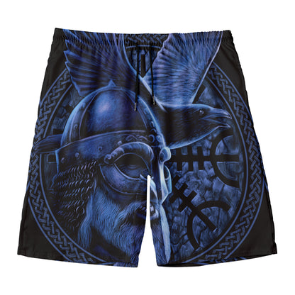 Blue Viking God Odin And Crow Print Men's Swim Trunks