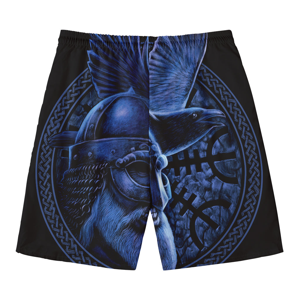 Blue Viking God Odin And Crow Print Men's Swim Trunks