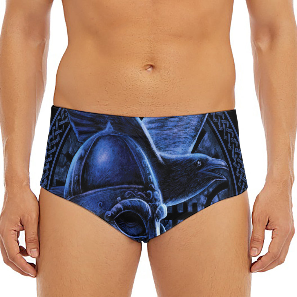 Blue Viking God Odin And Crow Print Men's Triangle Swim Briefs