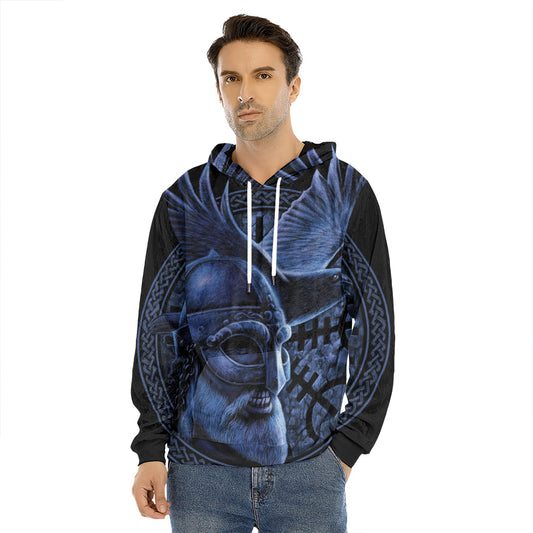 Blue Viking God Odin And Crow Print Men's Velvet Pullover Hoodie