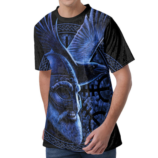 Blue Viking God Odin And Crow Print Men's Velvet T-Shirt