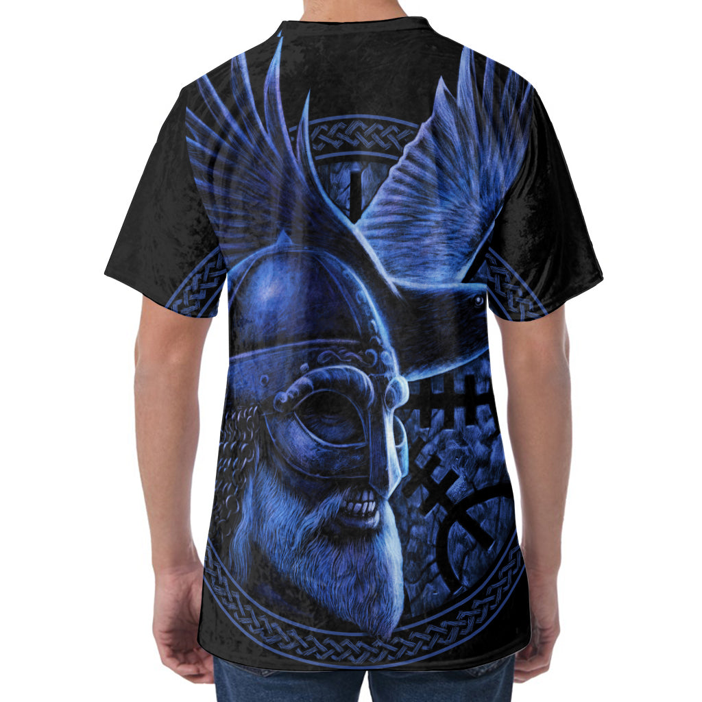 Blue Viking God Odin And Crow Print Men's Velvet T-Shirt