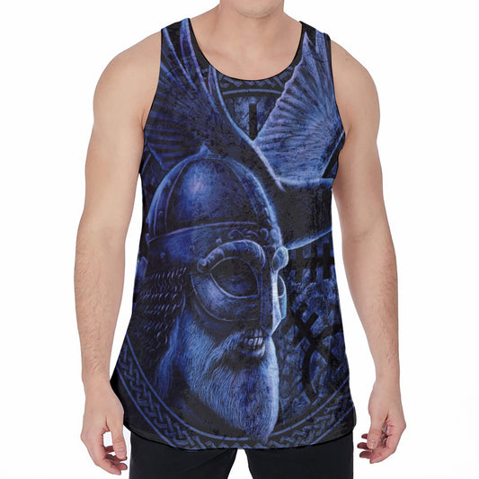 Blue Viking God Odin And Crow Print Men's Velvet Tank Top