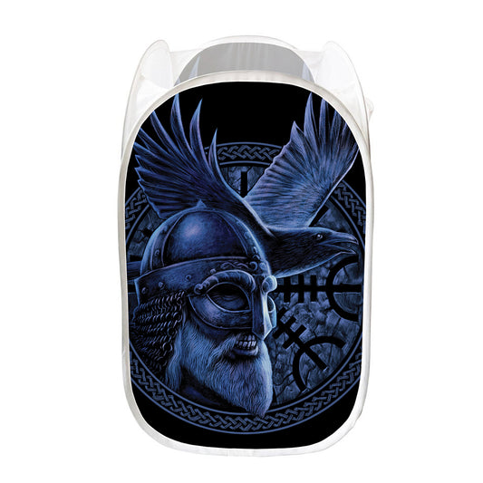 Blue Viking God Odin And Crow Print Mesh Laundry Hamper