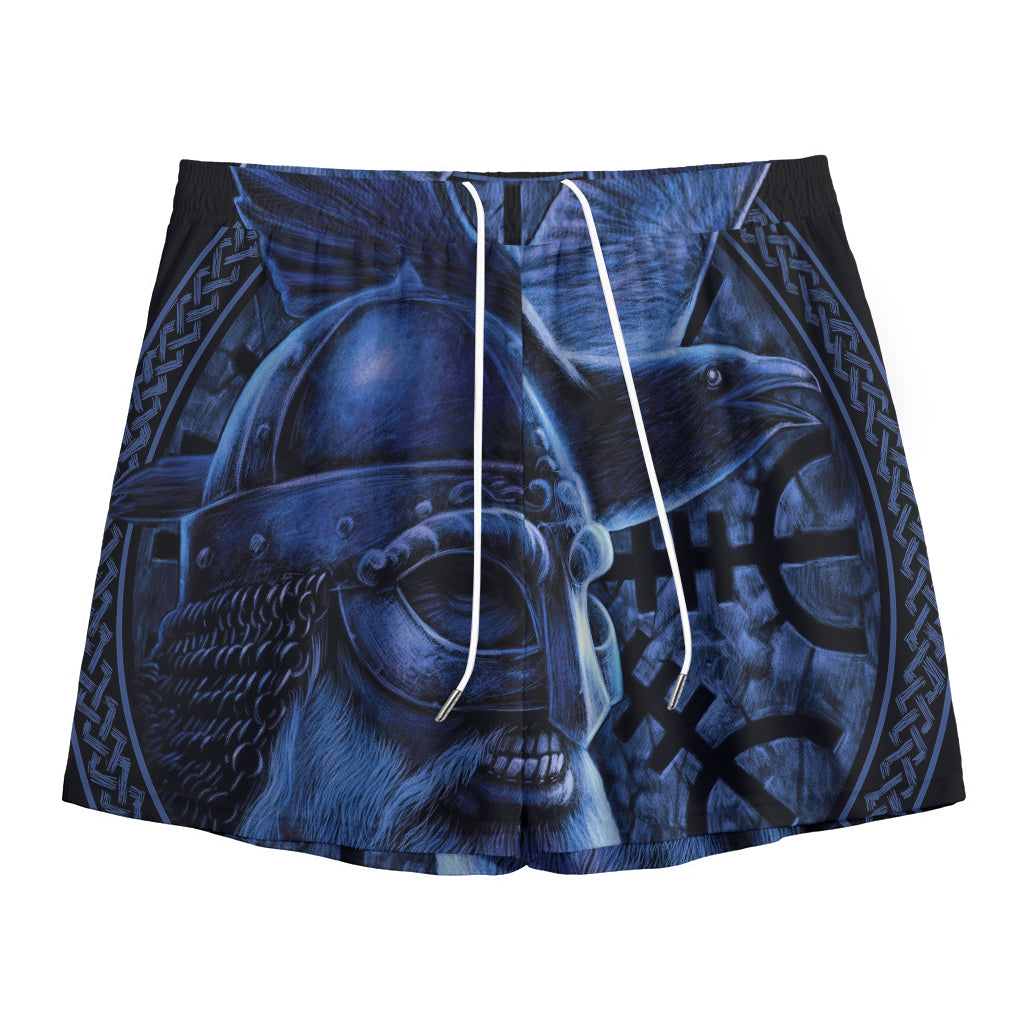 Blue Viking God Odin And Crow Print Mesh Shorts