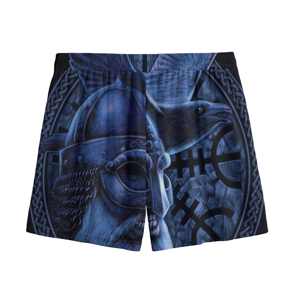 Blue Viking God Odin And Crow Print Mesh Shorts