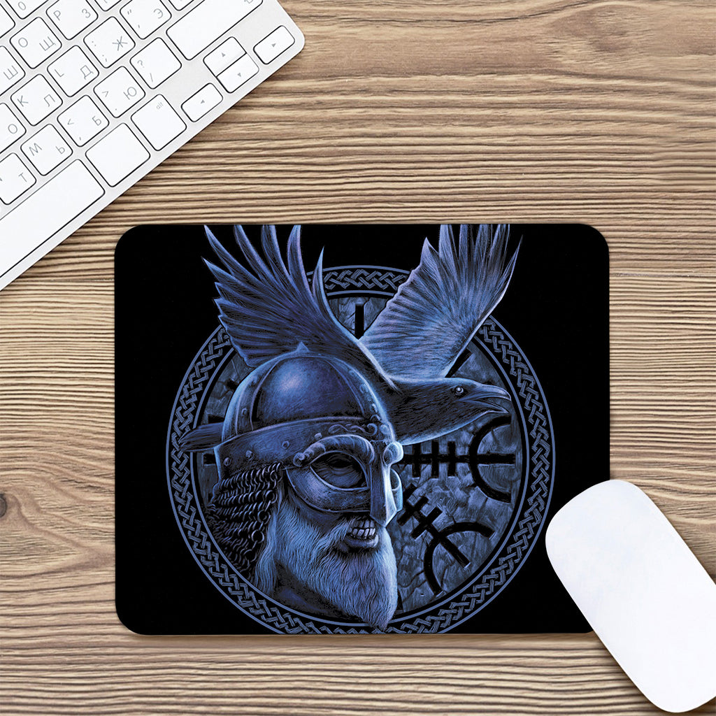 Blue Viking God Odin And Crow Print Mouse Pad