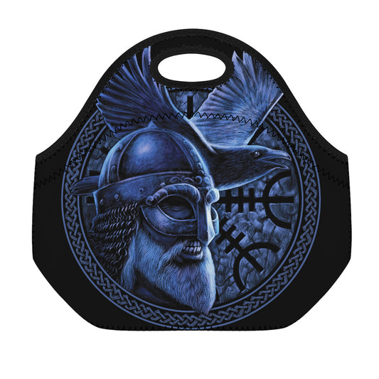 Blue Viking God Odin And Crow Print Neoprene Lunch Bag
