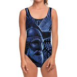 Blue Viking God Odin And Crow Print One Piece Swimsuit