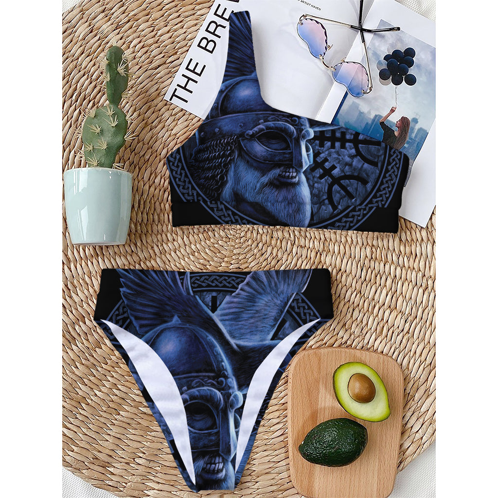 Blue Viking God Odin And Crow Print One Shoulder Bikini Top