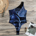 Blue Viking God Odin And Crow Print One Shoulder Bodysuit