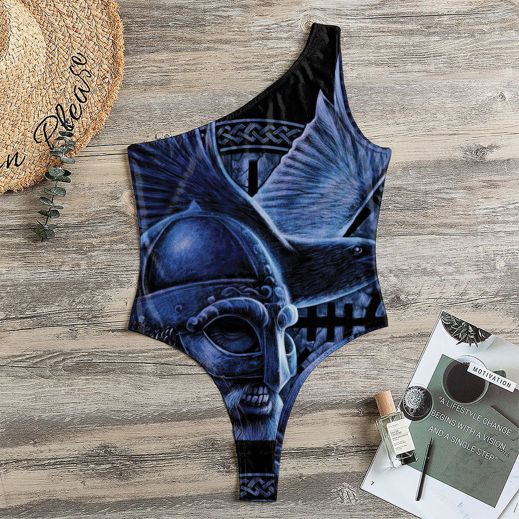 Blue Viking God Odin And Crow Print One Shoulder Bodysuit