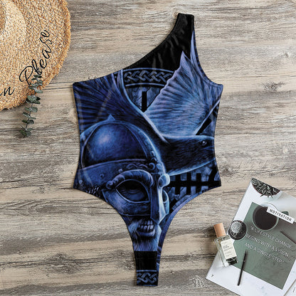 Blue Viking God Odin And Crow Print One Shoulder Bodysuit