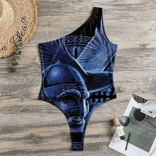 Blue Viking God Odin And Crow Print One Shoulder Bodysuit