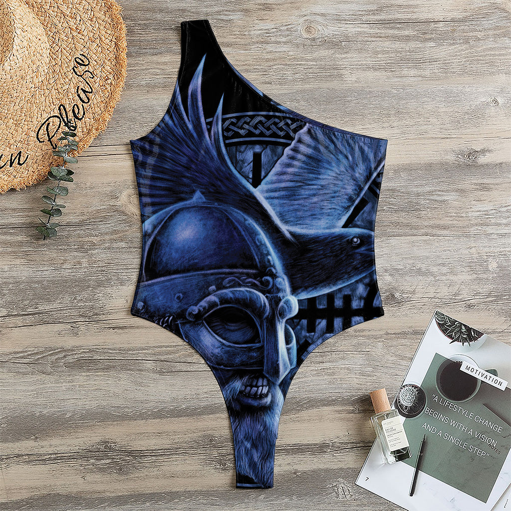 Blue Viking God Odin And Crow Print One Shoulder Bodysuit