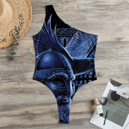 Blue Viking God Odin And Crow Print One Shoulder Bodysuit