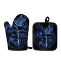Blue Viking God Odin And Crow Print Oven Mitt And Pot Holder Set
