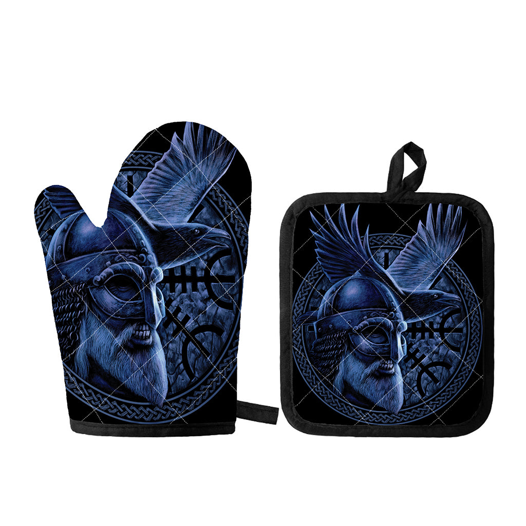 Blue Viking God Odin And Crow Print Oven Mitt And Pot Holder Set