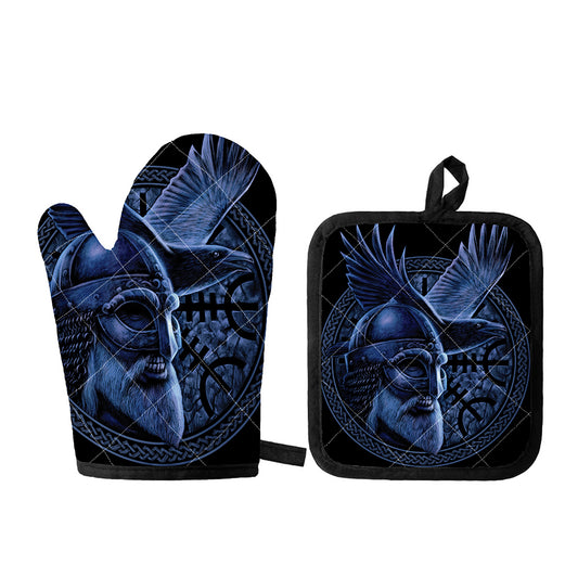 Blue Viking God Odin And Crow Print Oven Mitt And Pot Holder Set