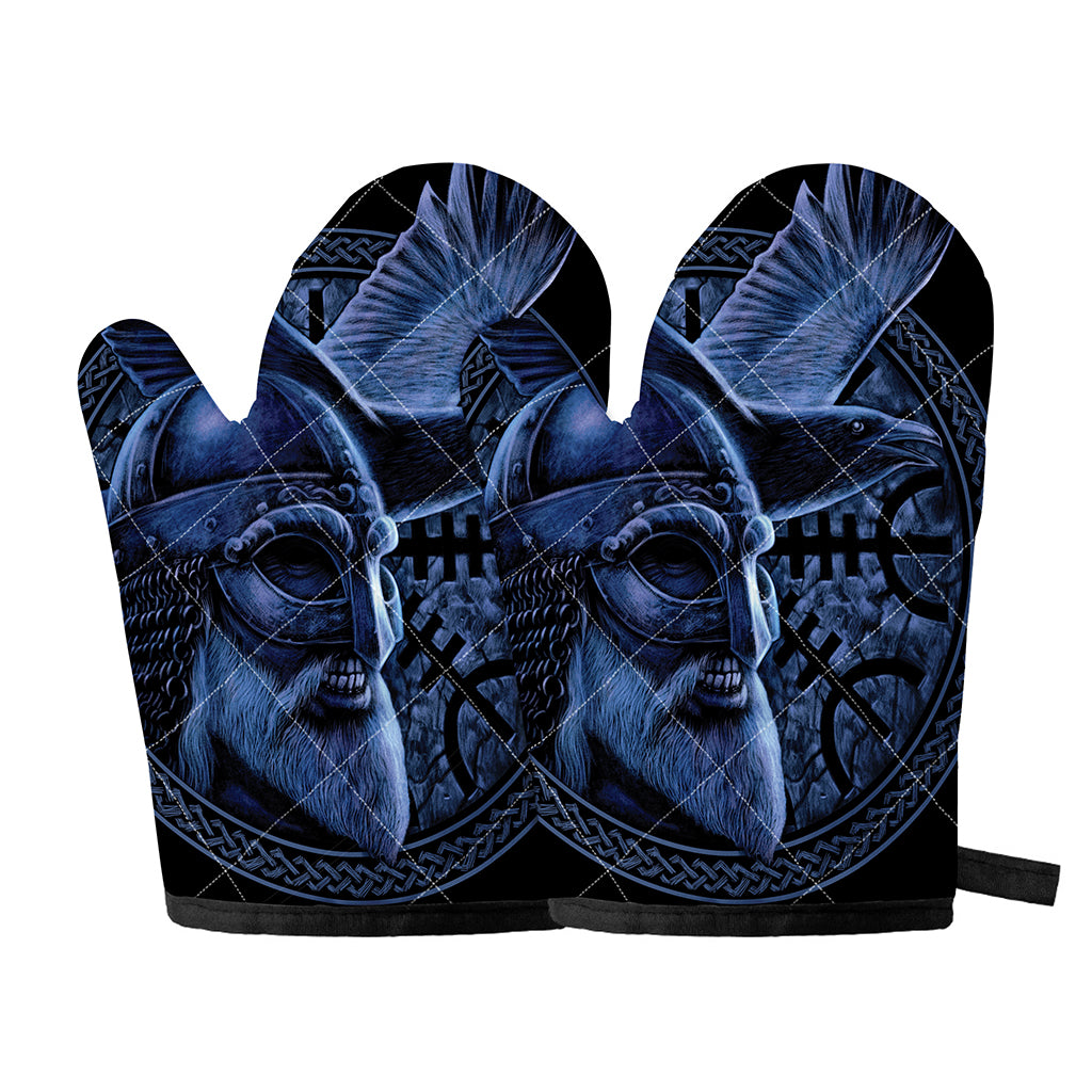 Blue Viking God Odin And Crow Print Oven Mitts