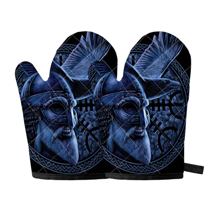 Blue Viking God Odin And Crow Print Oven Mitts