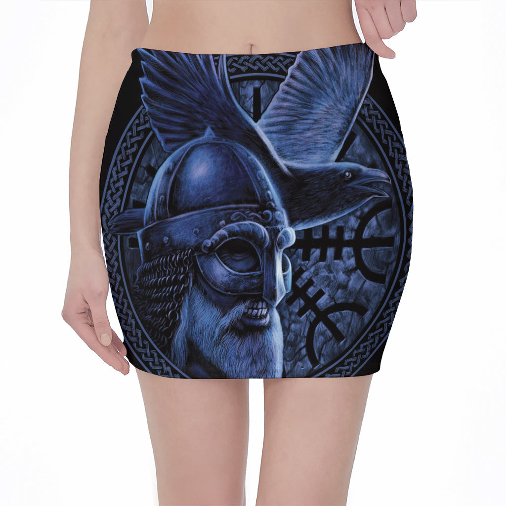 Blue Viking God Odin And Crow Print Pencil Mini Skirt