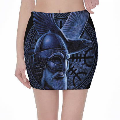 Blue Viking God Odin And Crow Print Pencil Mini Skirt