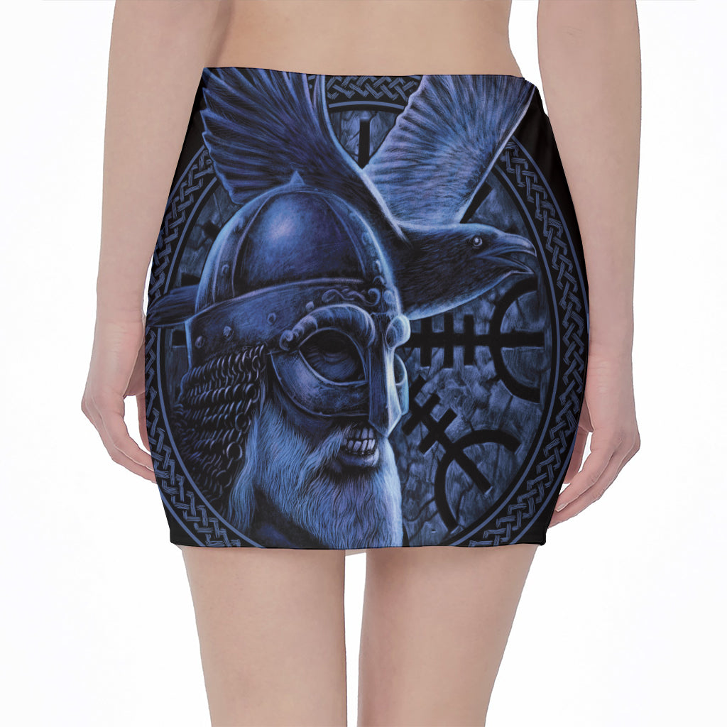 Blue Viking God Odin And Crow Print Pencil Mini Skirt