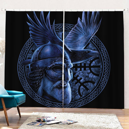 Blue Viking God Odin And Crow Print Pencil Pleat Curtains